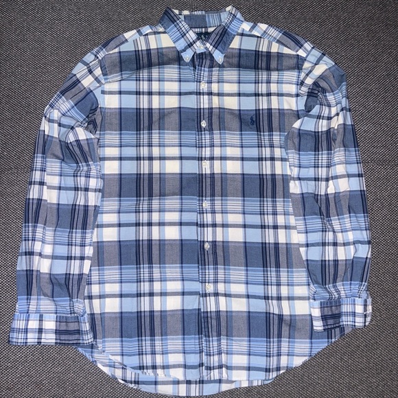 Vintage Polo Ralph Lauren Men's Blue Plaid Long Sleeve Shirt Large Classic Fit - Picture 2 of 4